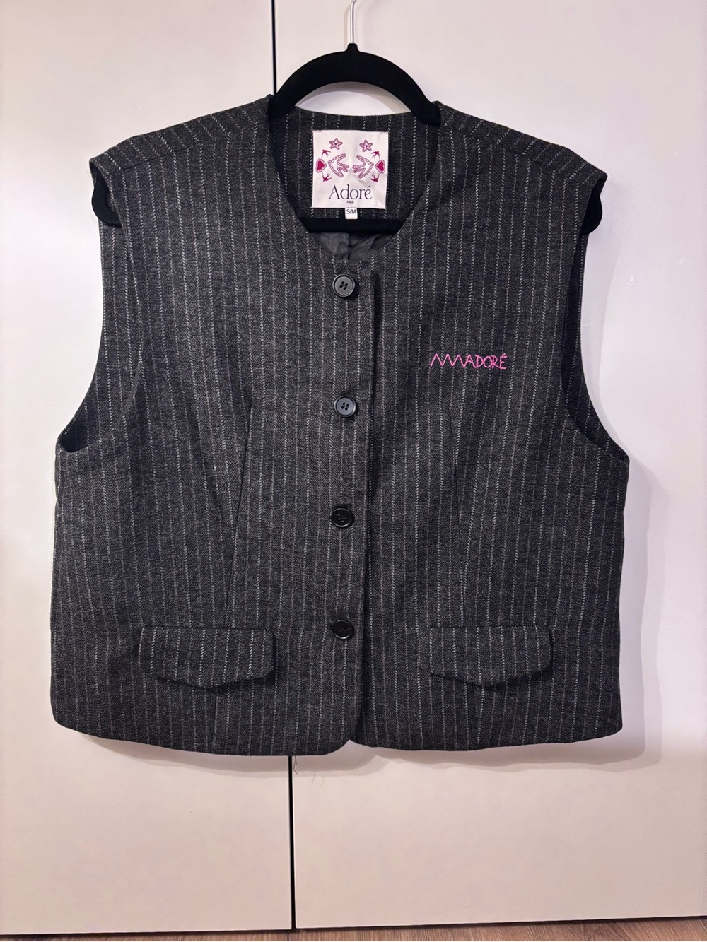 Adore Charcoal Oversized Pinstripe Vest with Pink Logo